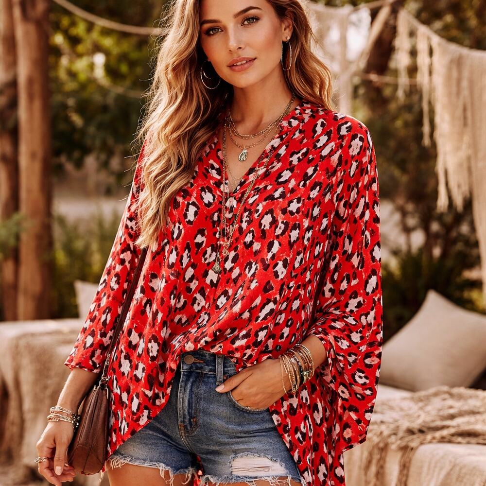 Free People Intimately Wake Up Tunic Shirt Red Leopard Oversized Button Up M